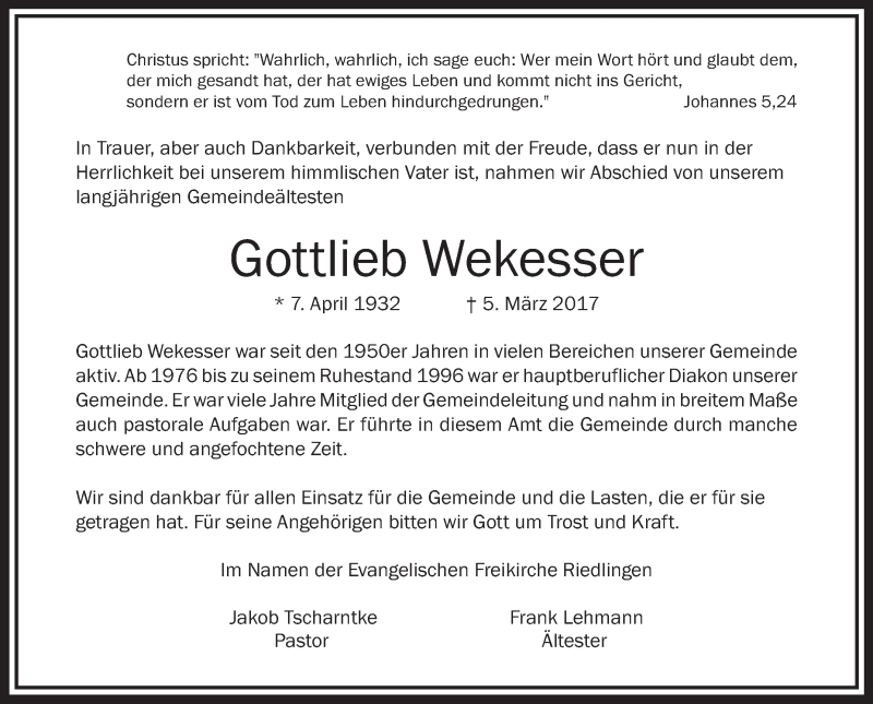  Traueranzeige für Gottlieb Wekesser vom 16.03.2017 aus Schwäbische Zeitung