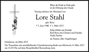 Anzeige von Lore Stahl von Schwäbische Zeitung