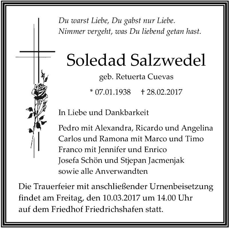 Traueranzeigen Von Soledad Salzwedel Schwaebische De Trauerportal