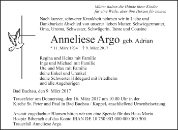 Anzeige von Anneliese Argo von Schwäbische Zeitung