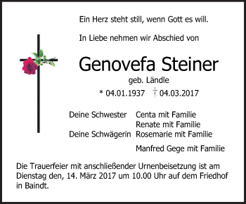 Anzeige von Genovefa Steiner von Schwäbische Zeitung