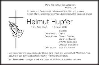 Anzeige von Helmut Hupfer von Schwäbische Zeitung