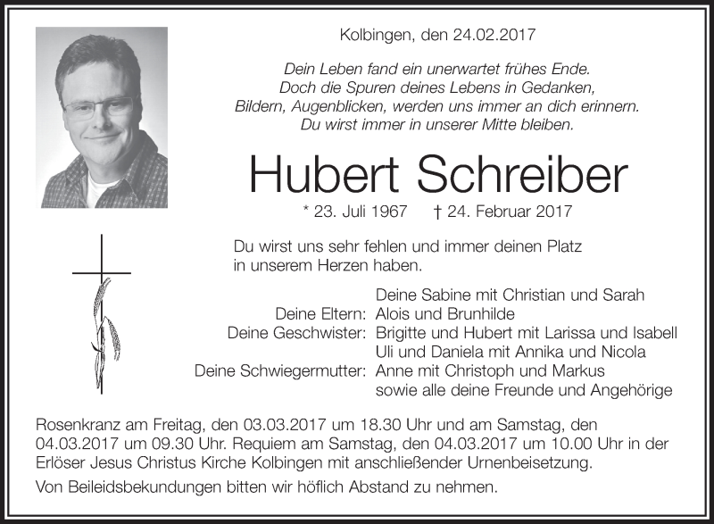  Traueranzeige für Hubert Schreiber vom 01.03.2017 aus Schwäbische Zeitung