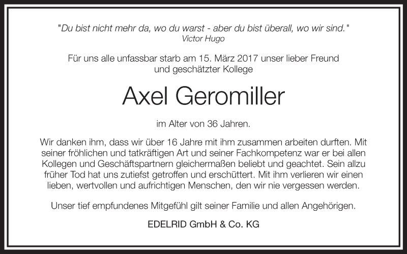  Traueranzeige für Axel Geromiller vom 21.03.2017 aus Schwäbische Zeitung