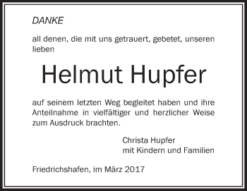 Anzeige von Helmut Hupfer von Schwäbische Zeitung