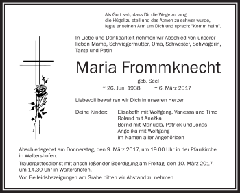 Anzeige von Maria Frommknecht von Schwäbische Zeitung