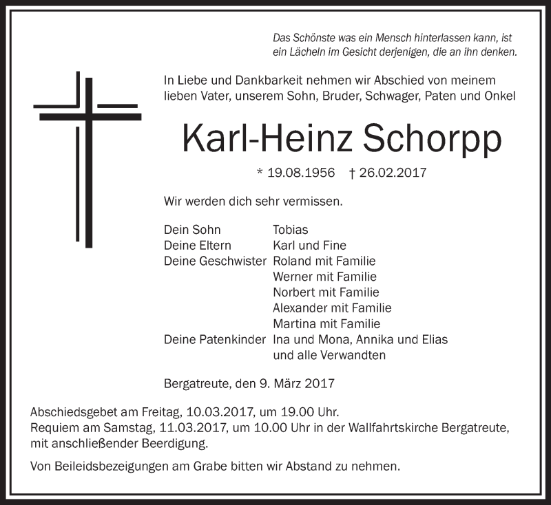  Traueranzeige für Karl-Heinz Schorpp vom 09.03.2017 aus Schwäbische Zeitung
