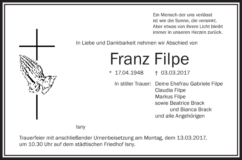  Traueranzeige für Franz Filpe vom 11.03.2017 aus Schwäbische Zeitung