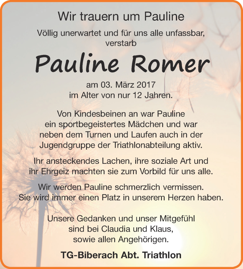  Traueranzeige für Pauline Romer vom 25.03.2017 aus Schwäbische Zeitung