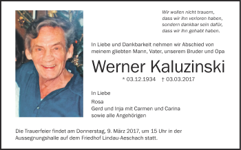 Anzeige von Werner Kaluzinski von Schwäbische Zeitung