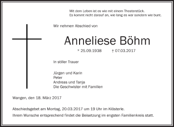 Anzeige von Anneliese Böhm von Schwäbische Zeitung