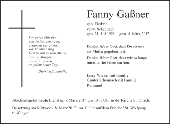 Anzeige von Fanny Gaßner von Schwäbische Zeitung