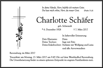 Anzeige von Charlotte Schäfer von Schwäbische Zeitung