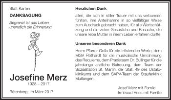 Anzeige von Josefine Merz von Schwäbische Zeitung