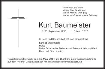 Anzeige von Kurt Baumeister von Schwäbische Zeitung