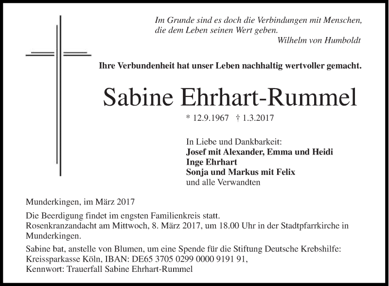  Traueranzeige für Sabine Ehrhart-Rummel vom 04.03.2017 aus Schwäbische Zeitung
