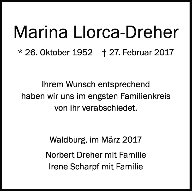  Traueranzeige für Marina Llorca-Dreher vom 15.03.2017 aus Schwäbische Zeitung