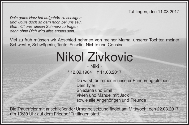  Traueranzeige für Nikol Zivkovic vom 18.03.2017 aus Schwäbische Zeitung