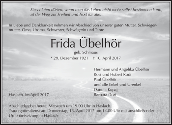 Anzeige von Frida Übelhör von Schwäbische Zeitung