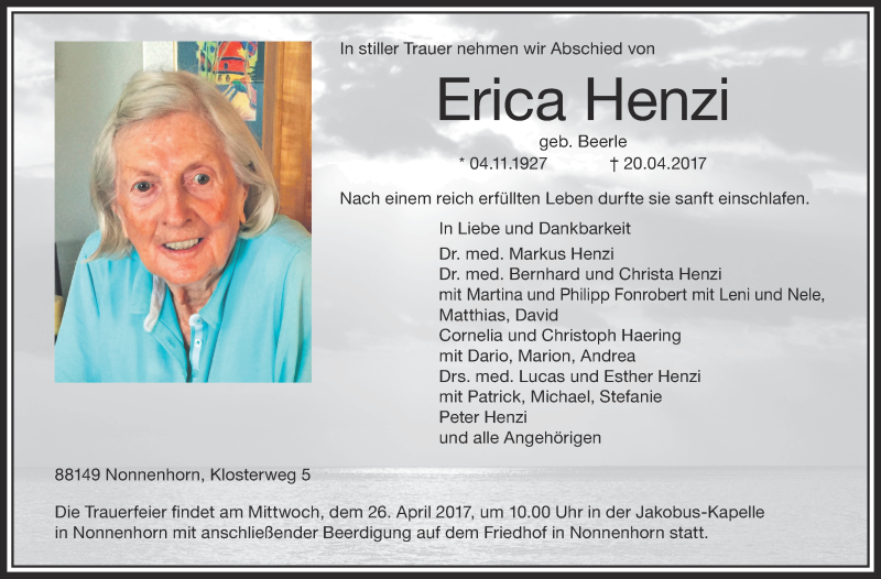  Traueranzeige für Erica Henzi vom 22.04.2017 aus Schwäbische Zeitung