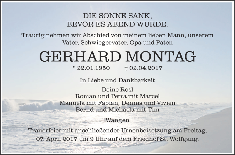  Traueranzeige für Gerhard Montag vom 05.04.2017 aus Schwäbische Zeitung