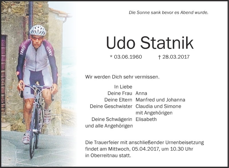  Traueranzeige für Udo Statnik vom 01.04.2017 aus Schwäbische Zeitung