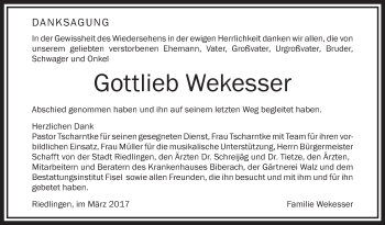 Anzeige von Gottlieb Wekesser von Schwäbische Zeitung