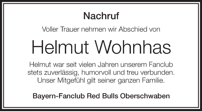  Traueranzeige für Helmut Wohnhas vom 13.04.2017 aus Schwäbische Zeitung