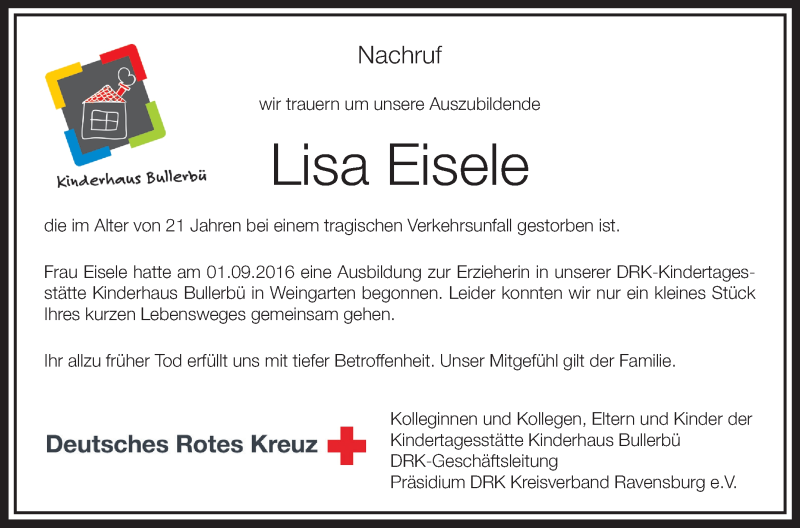  Traueranzeige für Lisa Eisele vom 20.04.2017 aus Schwäbische Zeitung