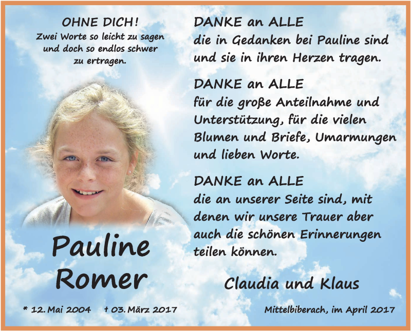  Traueranzeige für Pauline Romer vom 08.04.2017 aus Schwäbische Zeitung