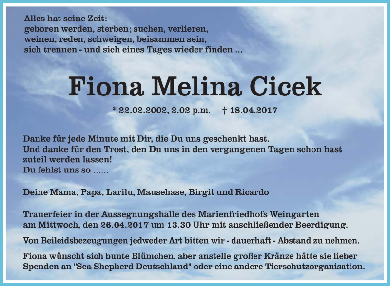  Traueranzeige für Fiona Melina Cicek vom 24.04.2017 aus Schwäbische Zeitung