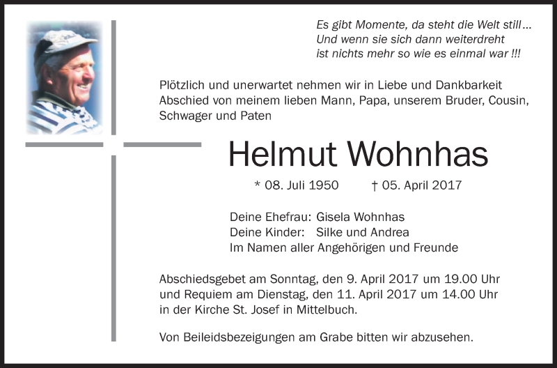  Traueranzeige für Helmut Wohnhas vom 08.04.2017 aus Schwäbische Zeitung