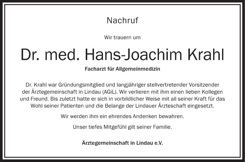  Traueranzeige für Hans-Joachim Krahl vom 26.04.2017 aus Schwäbische Zeitung