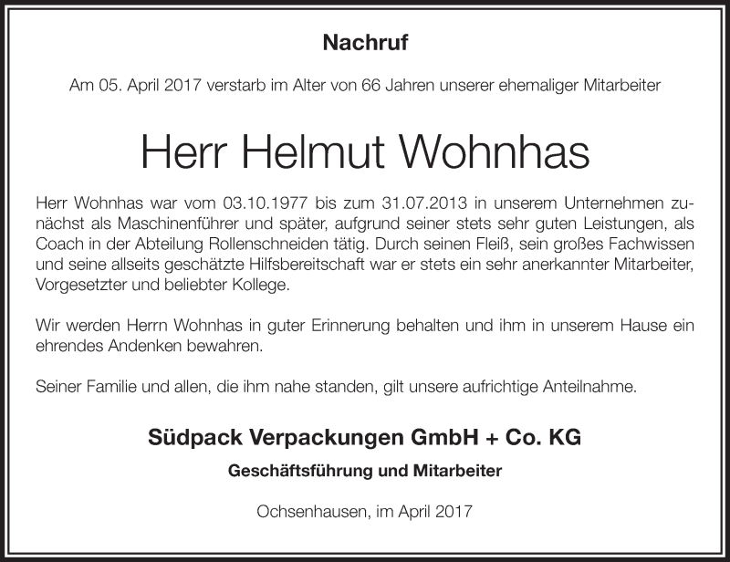  Traueranzeige für Helmut Wohnhas vom 11.04.2017 aus Schwäbische Zeitung