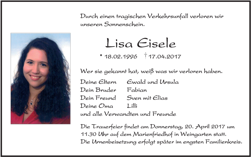  Traueranzeige für Lisa Eisele vom 19.04.2017 aus Schwäbische Zeitung