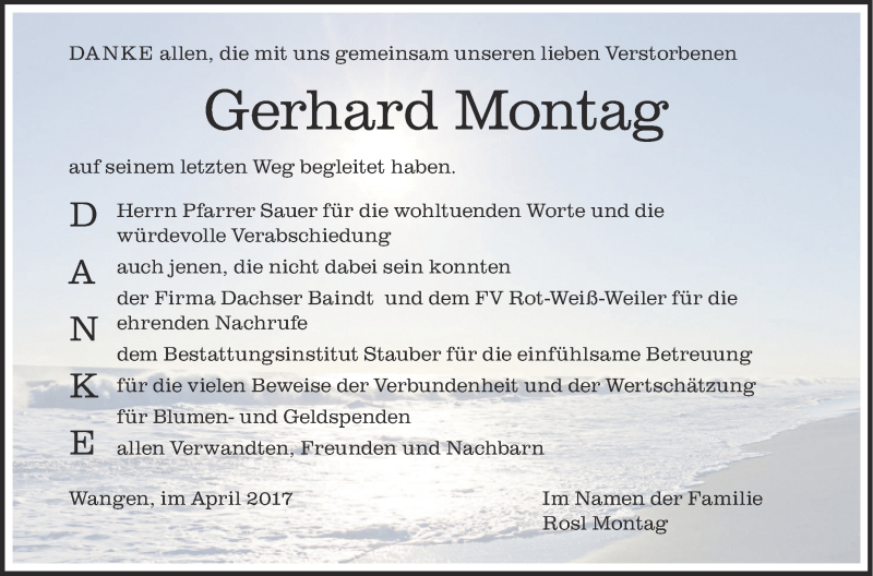  Traueranzeige für Gerhard Montag vom 13.04.2017 aus Schwäbische Zeitung
