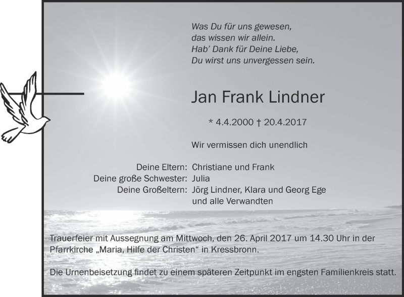 Traueranzeige für Jan Frank Lindner vom 24.04.2017 aus Schwäbische Zeitung