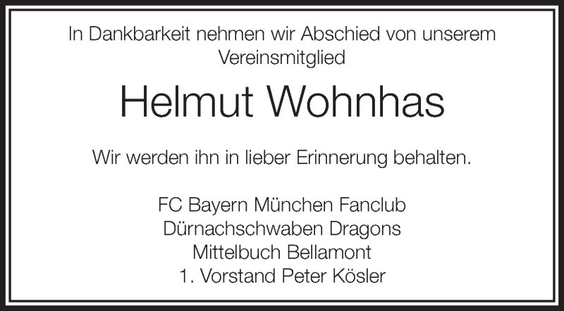  Traueranzeige für Helmut Wohnhas vom 15.04.2017 aus Schwäbische Zeitung