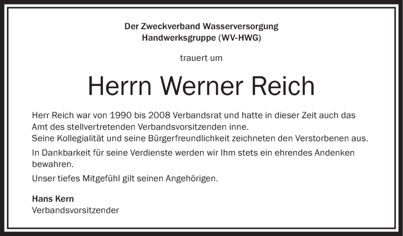  Traueranzeige für Werner Reich vom 13.04.2017 aus Schwäbische Zeitung
