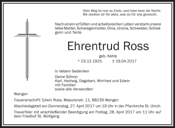 Anzeige von Ehrentrud Ross von Schwäbische Zeitung