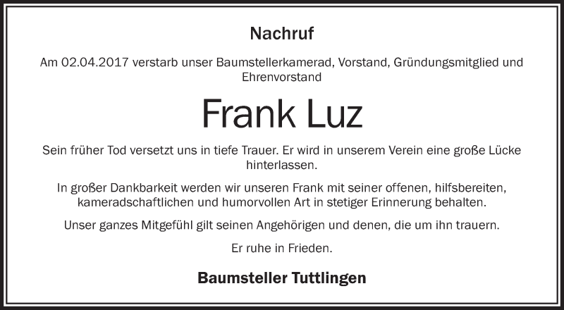  Traueranzeige für Frank Luz vom 07.04.2017 aus Schwäbische Zeitung