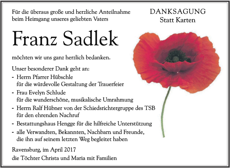  Traueranzeige für Franz Sadlek vom 15.04.2017 aus Schwäbische Zeitung
