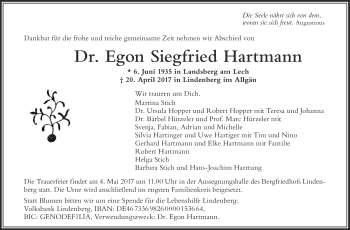 Anzeige von Egon Siegfried Hartmann von Schwäbische Zeitung