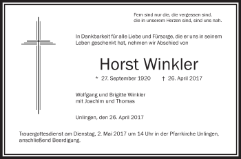 Anzeige von Horst Winkler von Schwäbische Zeitung