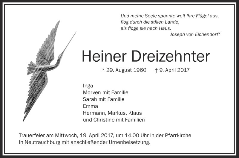  Traueranzeige für Heiner Dreizehnter vom 15.04.2017 aus Schwäbische Zeitung