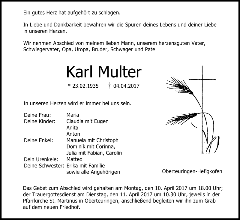  Traueranzeige für Karl Multer vom 07.04.2017 aus Schwäbische Zeitung