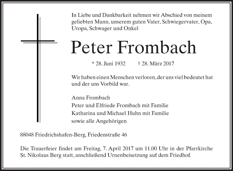 Traueranzeigen Von Peter Frombach | Schwaebische.de Trauerportal