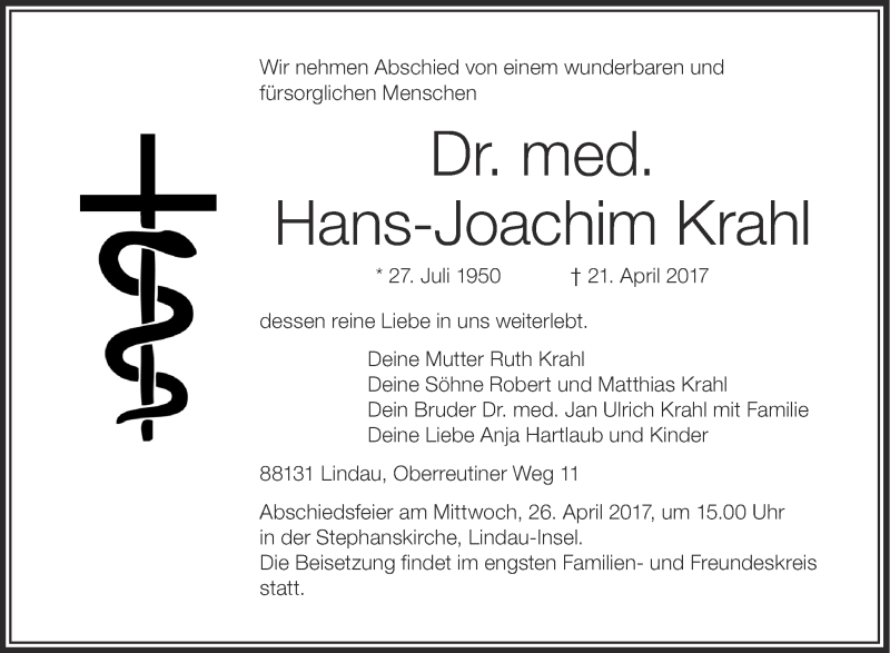  Traueranzeige für Hans-Joachim Krahl vom 25.04.2017 aus Schwäbische Zeitung