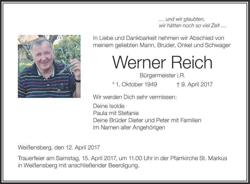  Traueranzeige für Werner Reich vom 12.04.2017 aus Schwäbische Zeitung