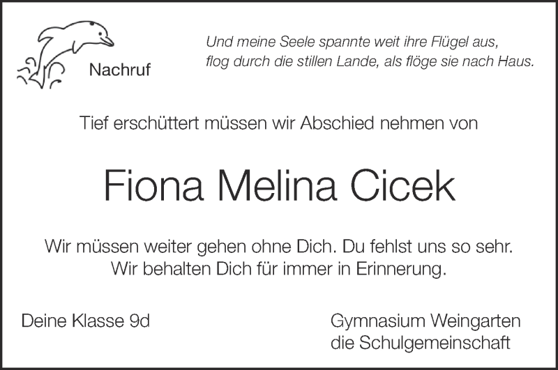  Traueranzeige für Fiona Melina Cicek vom 29.04.2017 aus Schwäbische Zeitung